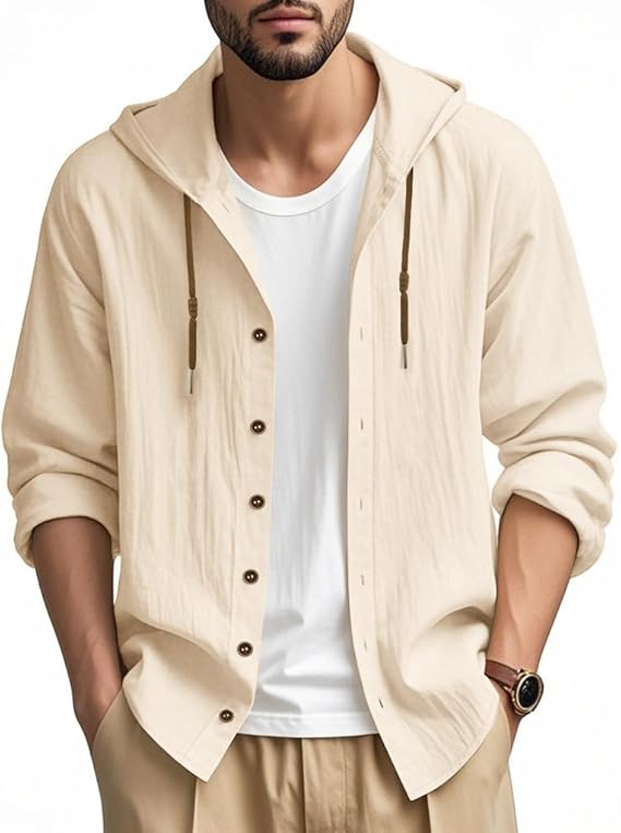 Men's Cotton Linen Long Sleeve Button Down Shirt