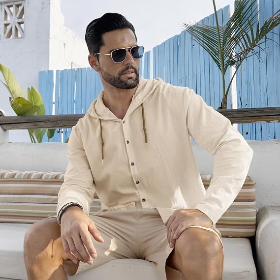 Men's Cotton Linen Long Sleeve Button Down Shirt